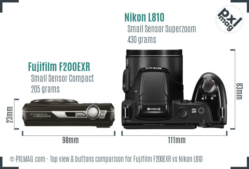 Fujifilm F200EXR vs Nikon L810 top view buttons comparison