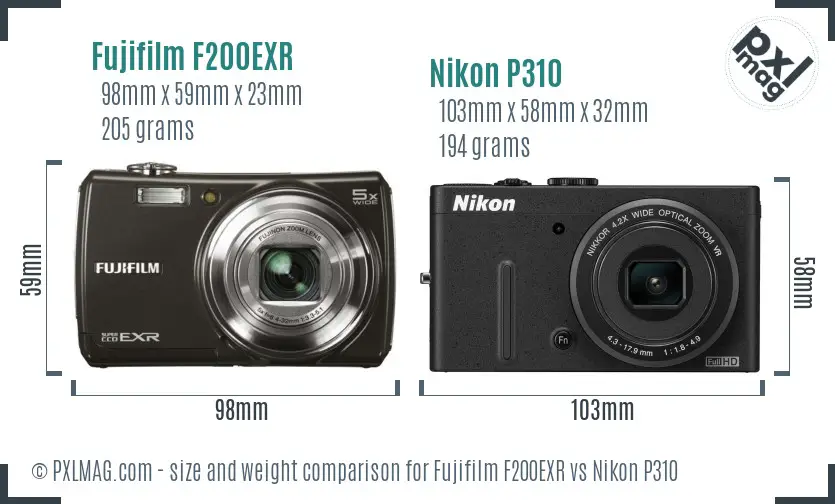 Fujifilm F200EXR vs Nikon P310 size comparison