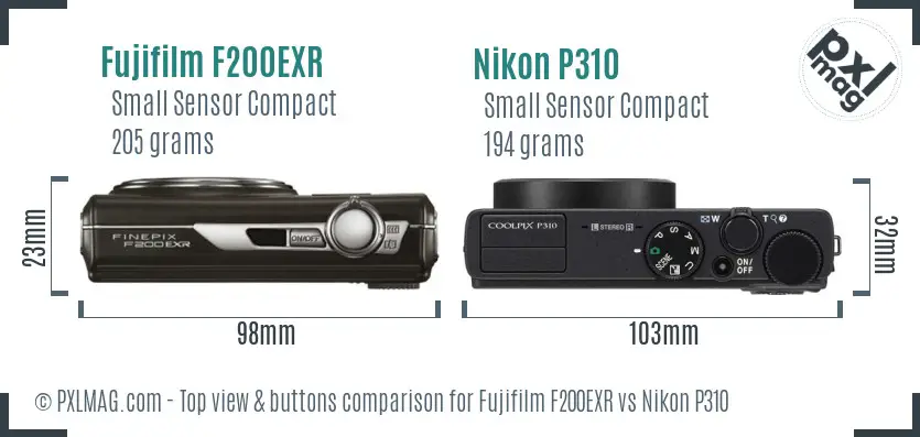 Fujifilm F200EXR vs Nikon P310 top view buttons comparison
