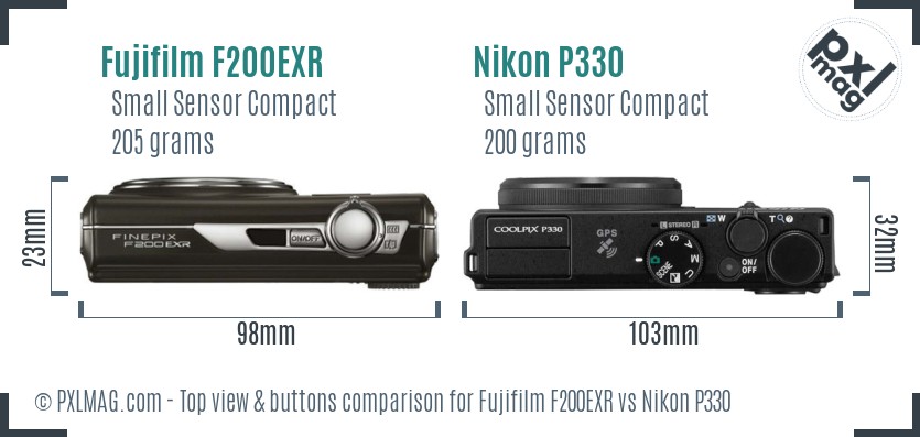 Fujifilm F200EXR vs Nikon P330 top view buttons comparison