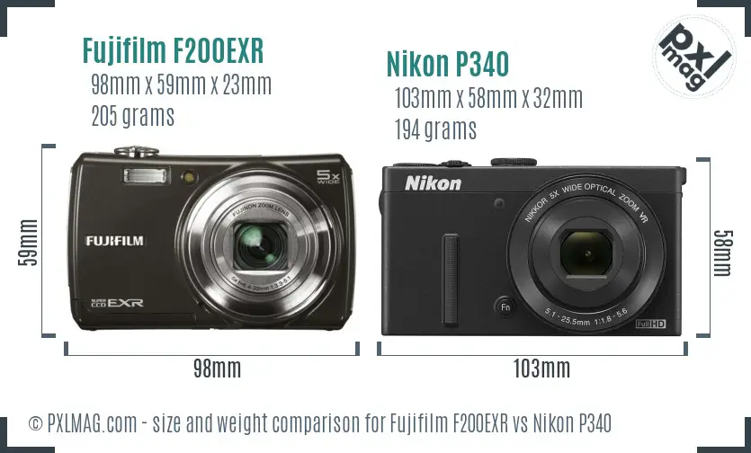 Fujifilm F200EXR vs Nikon P340 size comparison
