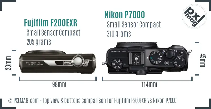 Fujifilm F200EXR vs Nikon P7000 top view buttons comparison