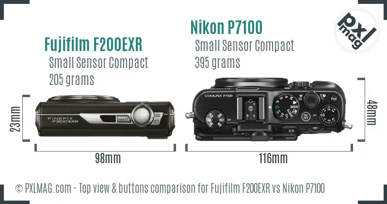 Fujifilm F200EXR vs Nikon P7100 top view buttons comparison