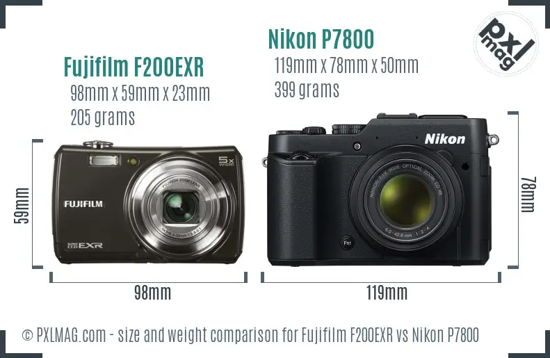 Fujifilm F200EXR vs Nikon P7800 size comparison