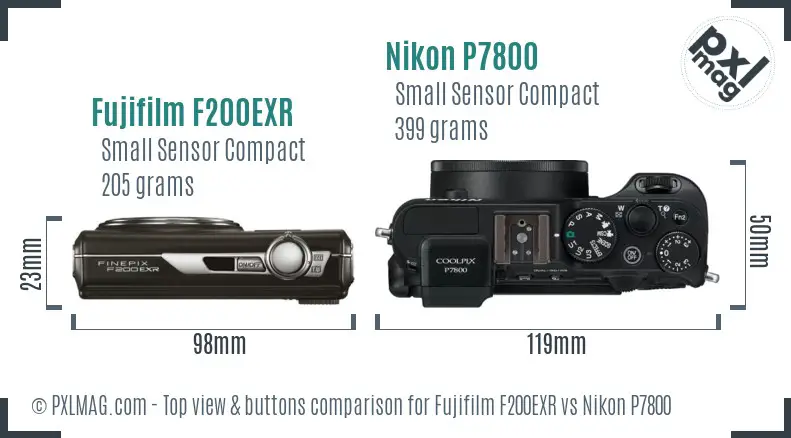 Fujifilm F200EXR vs Nikon P7800 top view buttons comparison