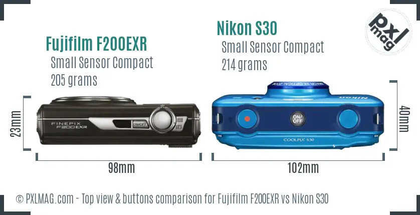 Fujifilm F200EXR vs Nikon S30 top view buttons comparison