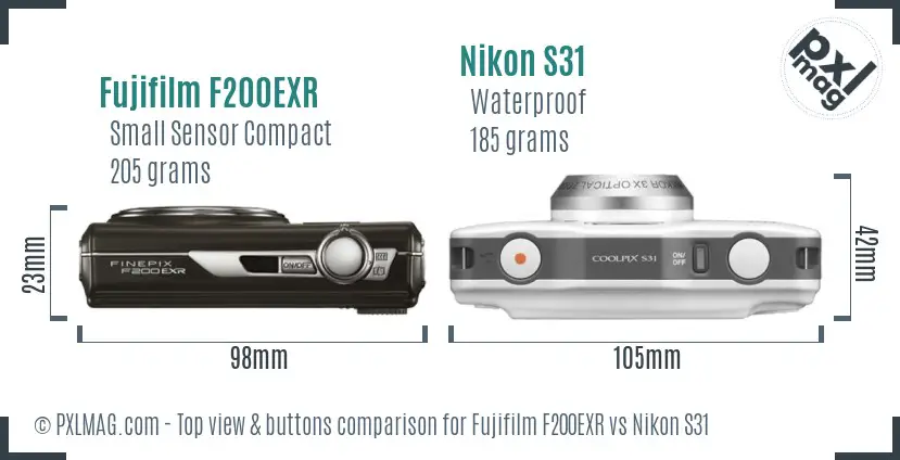 Fujifilm F200EXR vs Nikon S31 top view buttons comparison Fujifilm F200EXR vs Nikon S31 top view buttons comparison