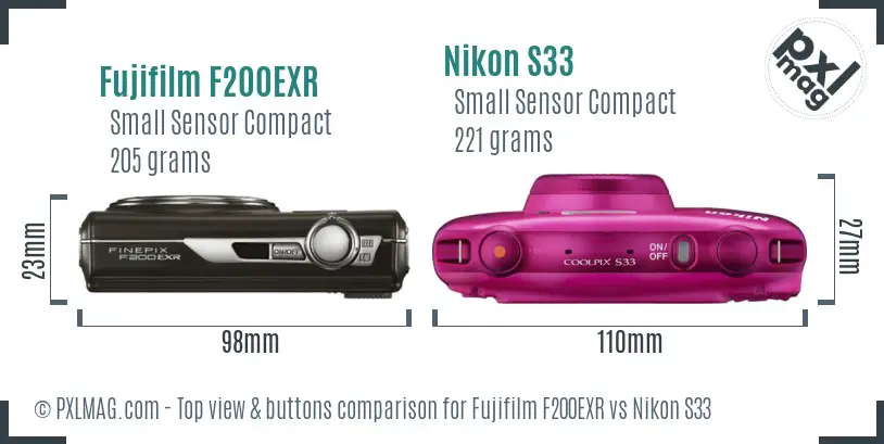 Fujifilm F200EXR vs Nikon S33 top view buttons comparison
