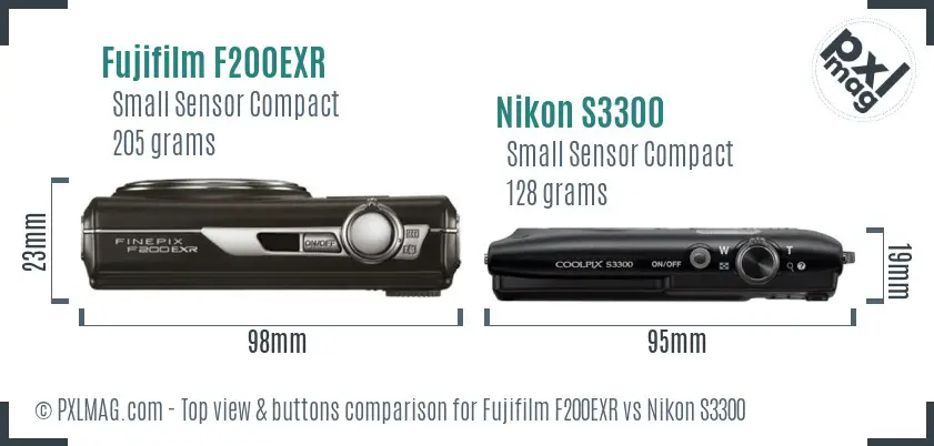 Fujifilm F200EXR vs Nikon S3300 top view buttons comparison