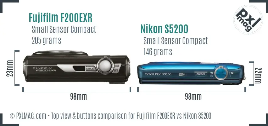 Fujifilm F200EXR vs Nikon S5200 top view buttons comparison