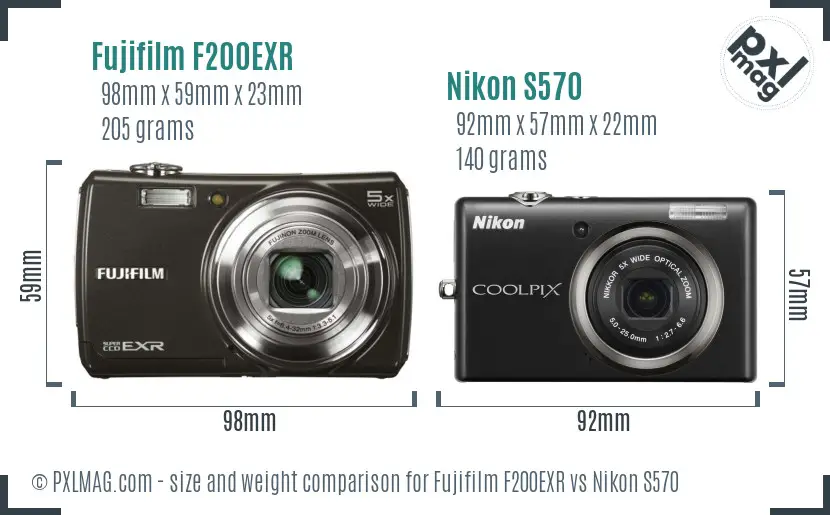 Fujifilm F200EXR vs Nikon S570 size comparison