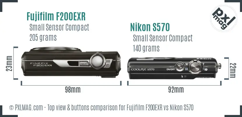 Fujifilm F200EXR vs Nikon S570 top view buttons comparison