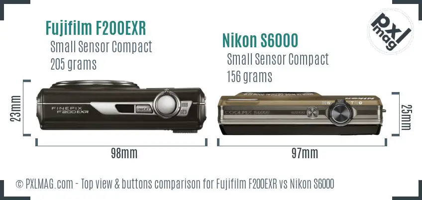 Fujifilm F200EXR vs Nikon S6000 top view buttons comparison Fujifilm F200EXR vs Nikon S6000 top view buttons comparison