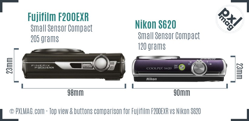Fujifilm F200EXR vs Nikon S620 top view buttons comparison