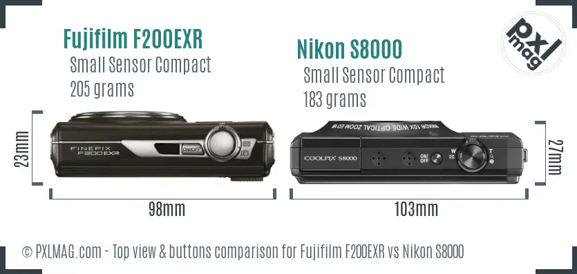 Fujifilm F200EXR vs Nikon S8000 top view buttons comparison