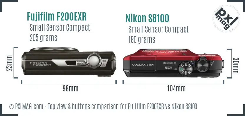 Fujifilm F200EXR vs Nikon S8100 top view buttons comparison