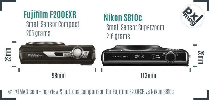 Fujifilm F200EXR vs Nikon S810c top view buttons comparison Fujifilm F200EXR vs Nikon S810c top view buttons comparison