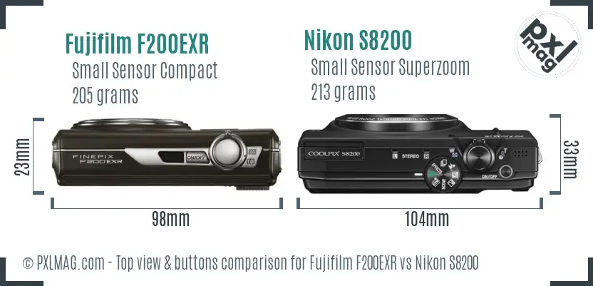 Fujifilm F200EXR vs Nikon S8200 top view buttons comparison