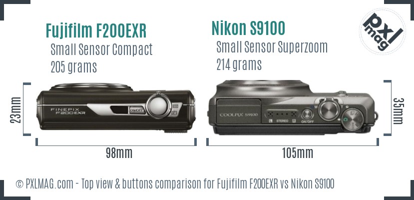 Fujifilm F200EXR vs Nikon S9100 top view buttons comparison