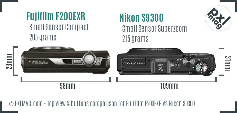 Fujifilm F200EXR vs Nikon S9300 top view buttons comparison