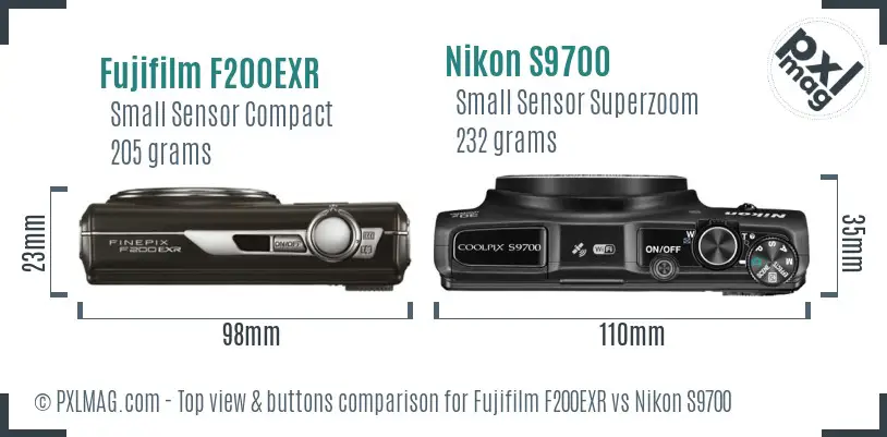 Fujifilm F200EXR vs Nikon S9700 top view buttons comparison