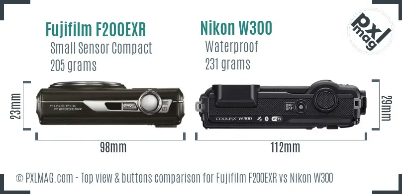 Fujifilm F200EXR vs Nikon W300 top view buttons comparison