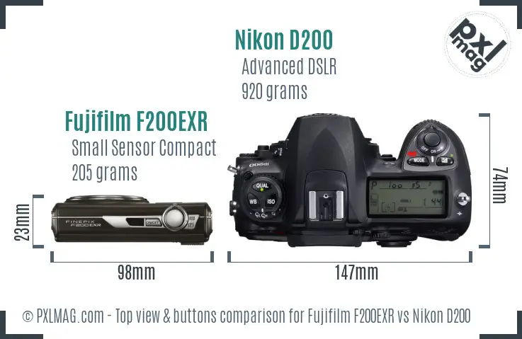 Fujifilm F200EXR vs Nikon D200 top view buttons comparison