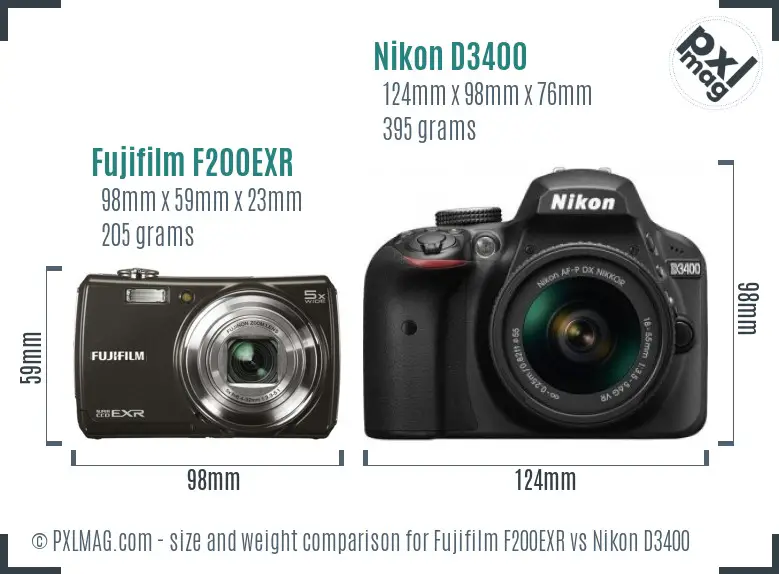 Fujifilm F200EXR vs Nikon D3400 size comparison