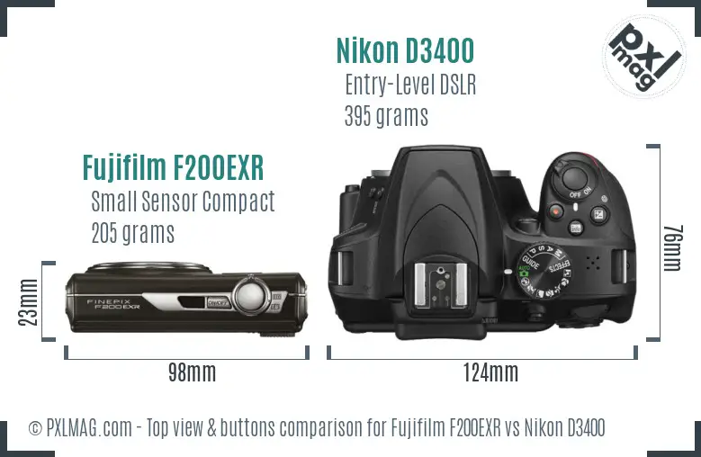 Fujifilm F200EXR vs Nikon D3400 top view buttons comparison
