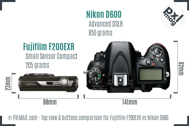 Fujifilm F200EXR vs Nikon D600 top view buttons comparison