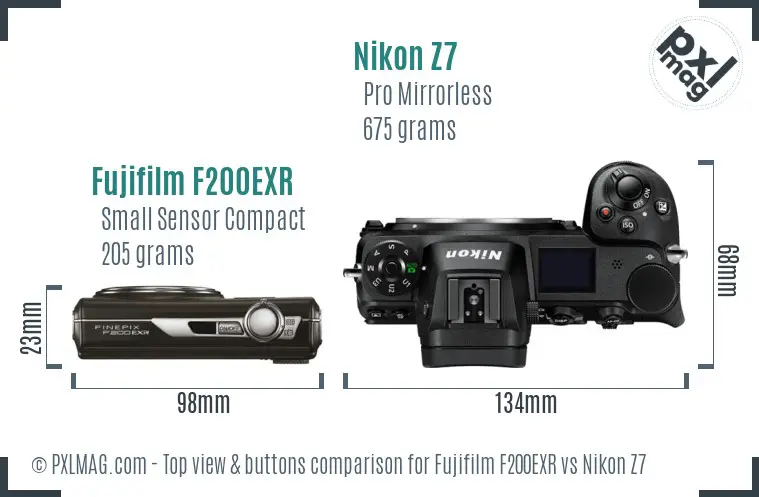 Fujifilm F200EXR vs Nikon Z7 top view buttons comparison