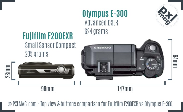 Fujifilm F200EXR vs Olympus E-300 top view buttons comparison