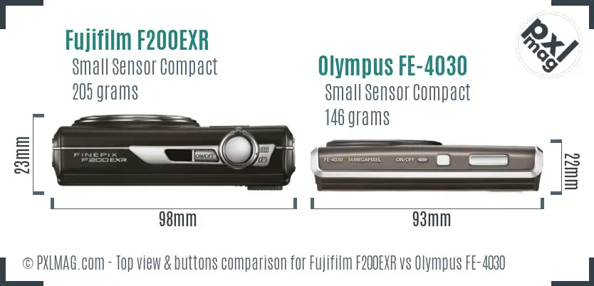 Fujifilm F200EXR vs Olympus FE-4030 top view buttons comparison Fujifilm F200EXR vs Olympus FE-4030 top view buttons comparison