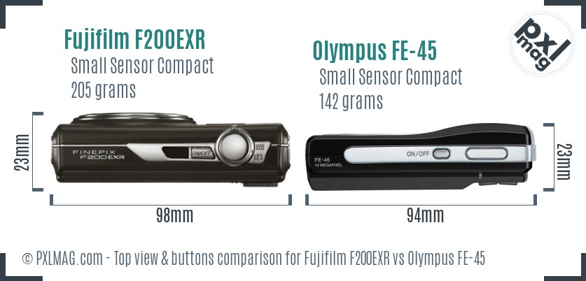 Fujifilm F200EXR vs Olympus FE-45 top view buttons comparison