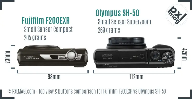 Fujifilm F200EXR vs Olympus SH-50 top view buttons comparison