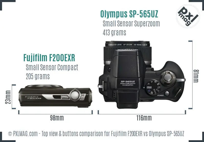 Fujifilm F200EXR vs Olympus SP-565UZ top view buttons comparison