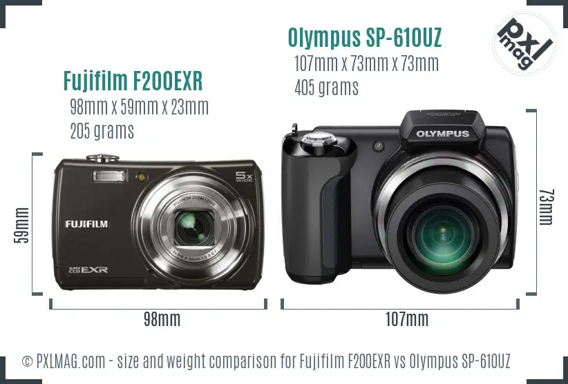 Fujifilm F200EXR vs Olympus SP-610UZ size comparison Fujifilm F200EXR vs Olympus SP-610UZ size comparison