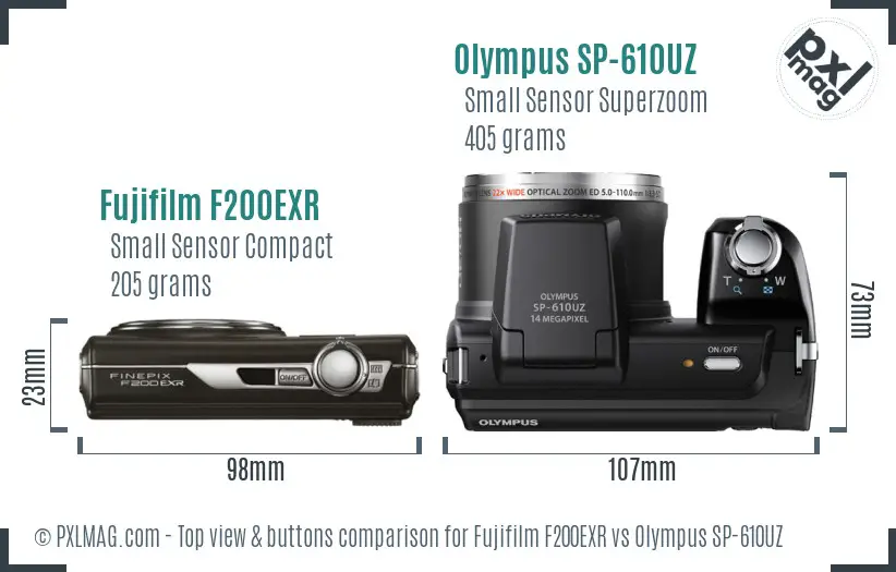 Fujifilm F200EXR vs Olympus SP-610UZ top view buttons comparison Fujifilm F200EXR vs Olympus SP-610UZ top view buttons comparison