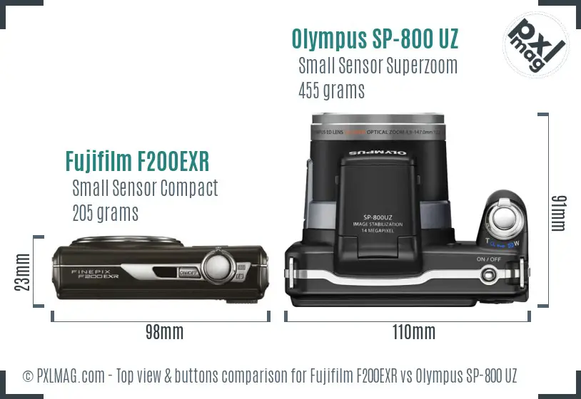 Fujifilm F200EXR vs Olympus SP-800 UZ top view buttons comparison Fujifilm F200EXR vs Olympus SP-800 UZ top view buttons comparison