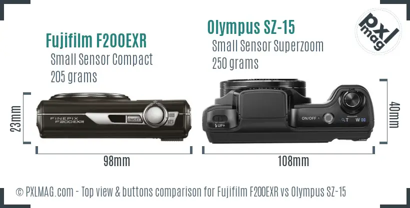 Fujifilm F200EXR vs Olympus SZ-15 top view buttons comparison Fujifilm F200EXR vs Olympus SZ-15 top view buttons comparison