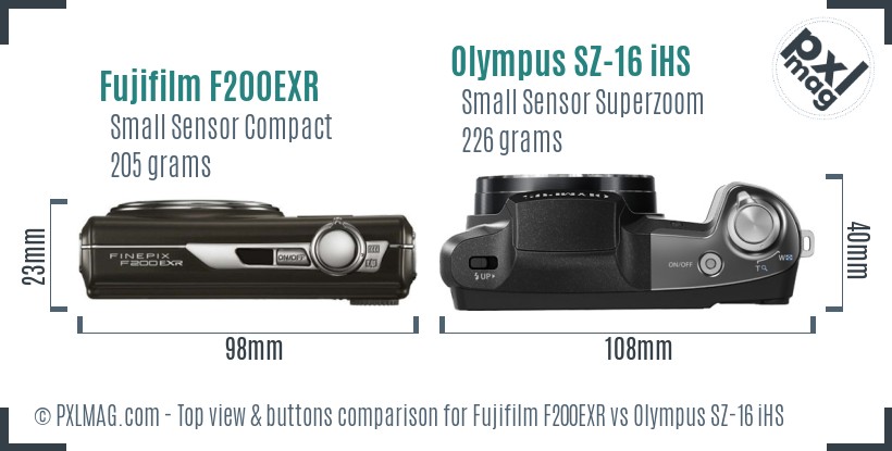 Fujifilm F200EXR vs Olympus SZ-16 iHS top view buttons comparison