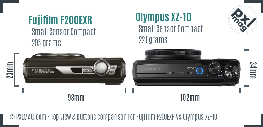 Fujifilm F200EXR vs Olympus XZ-10 top view buttons comparison
