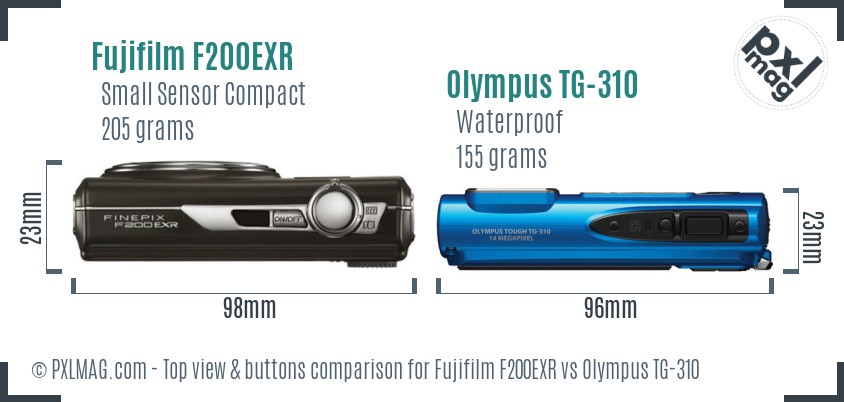 Fujifilm F200EXR vs Olympus TG-310 top view buttons comparison
