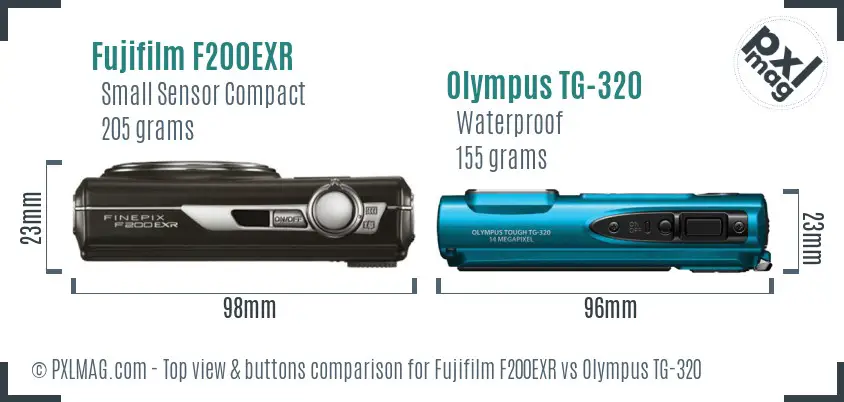 Fujifilm F200EXR vs Olympus TG-320 top view buttons comparison Fujifilm F200EXR vs Olympus TG-320 top view buttons comparison