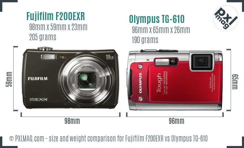 Fujifilm F200EXR vs Olympus TG-610 size comparison