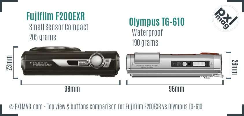 Fujifilm F200EXR vs Olympus TG-610 top view buttons comparison