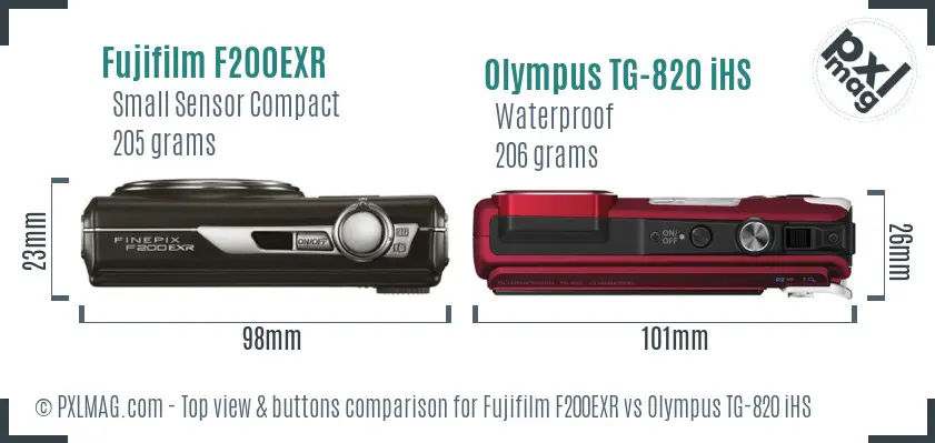 Fujifilm F200EXR vs Olympus TG-820 iHS top view buttons comparison
