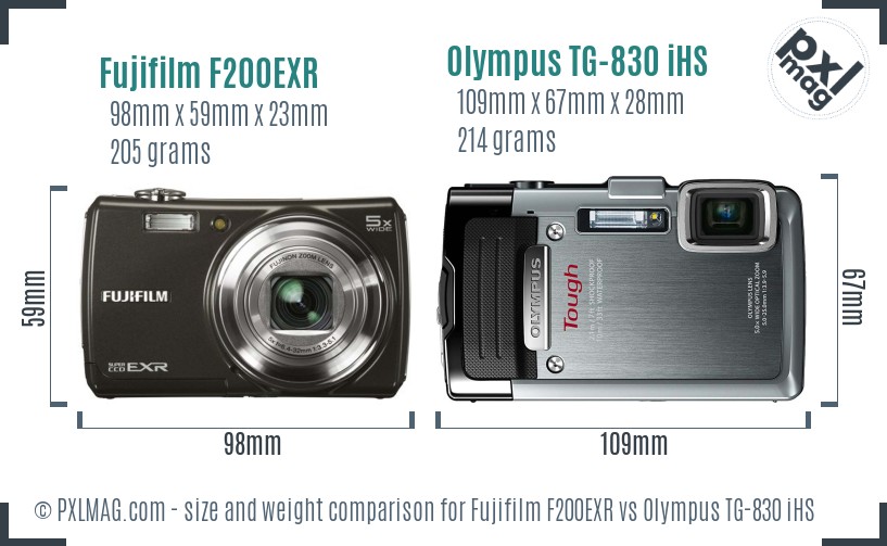 Fujifilm F200EXR vs Olympus TG-830 iHS size comparison Fujifilm F200EXR vs Olympus TG-830 iHS size comparison