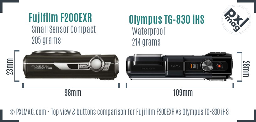Fujifilm F200EXR vs Olympus TG-830 iHS top view buttons comparison