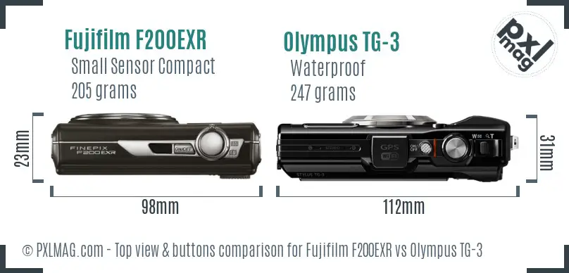 Fujifilm F200EXR vs Olympus TG-3 top view buttons comparison